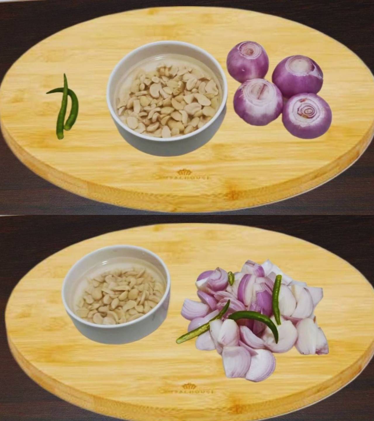 Cutting onions, green chilies and soaking cashews 