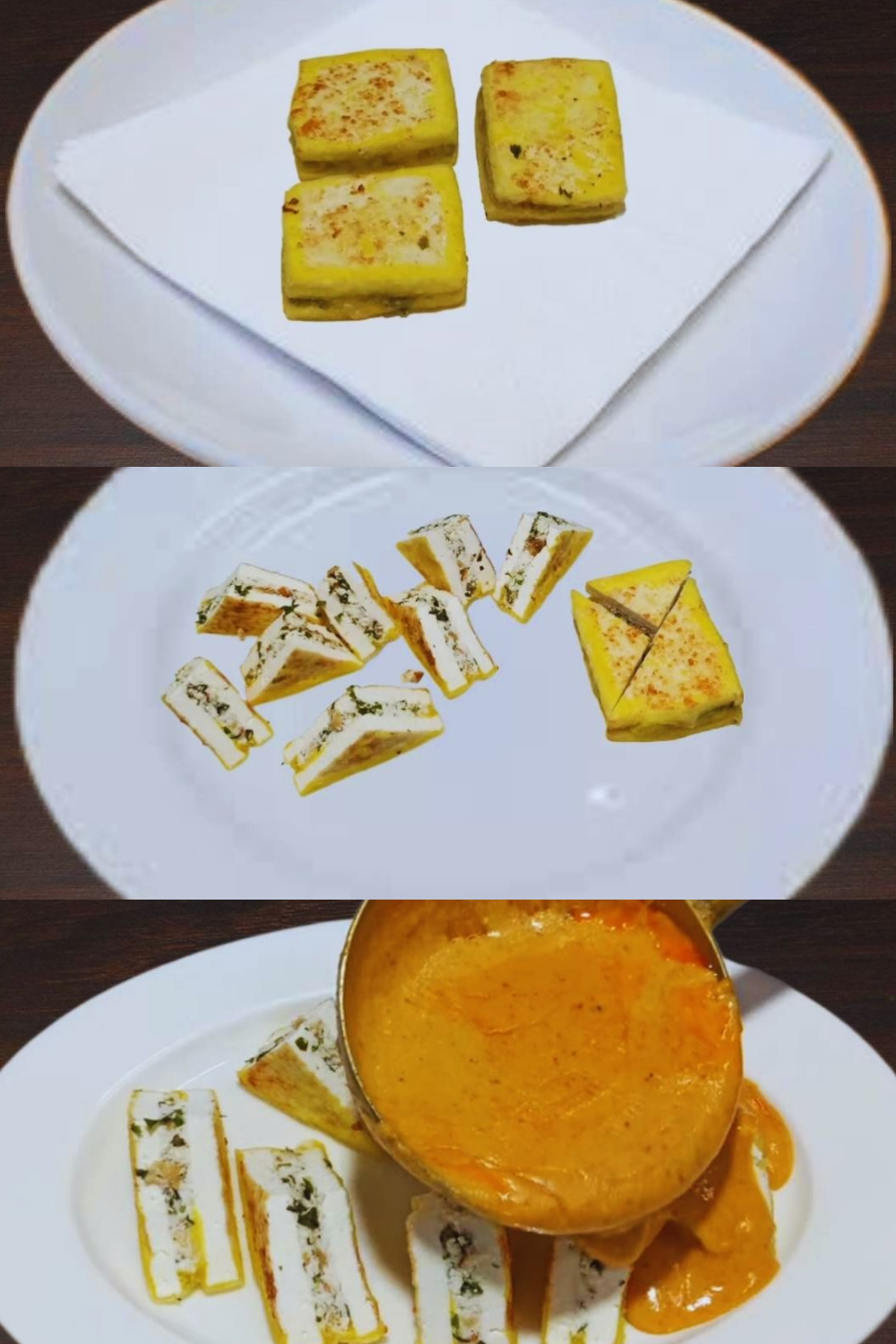 Cutting paneer slices and adding gravy
