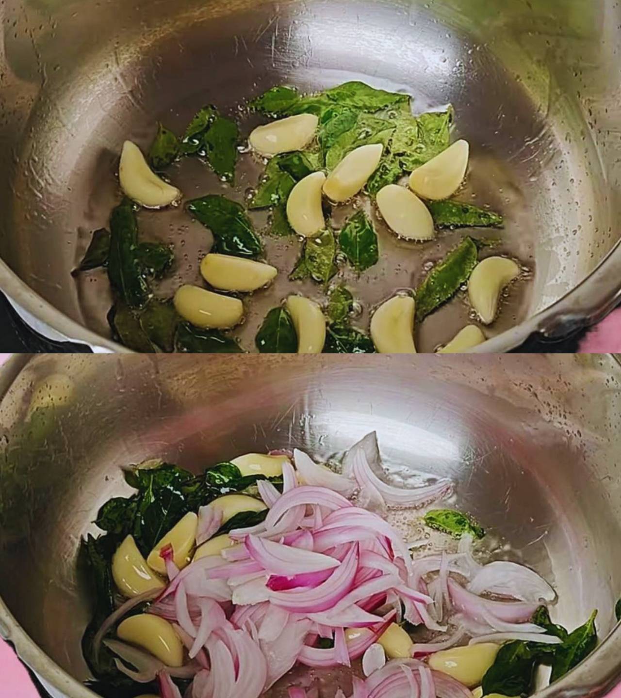 Frying garlic, onions and curry leaves