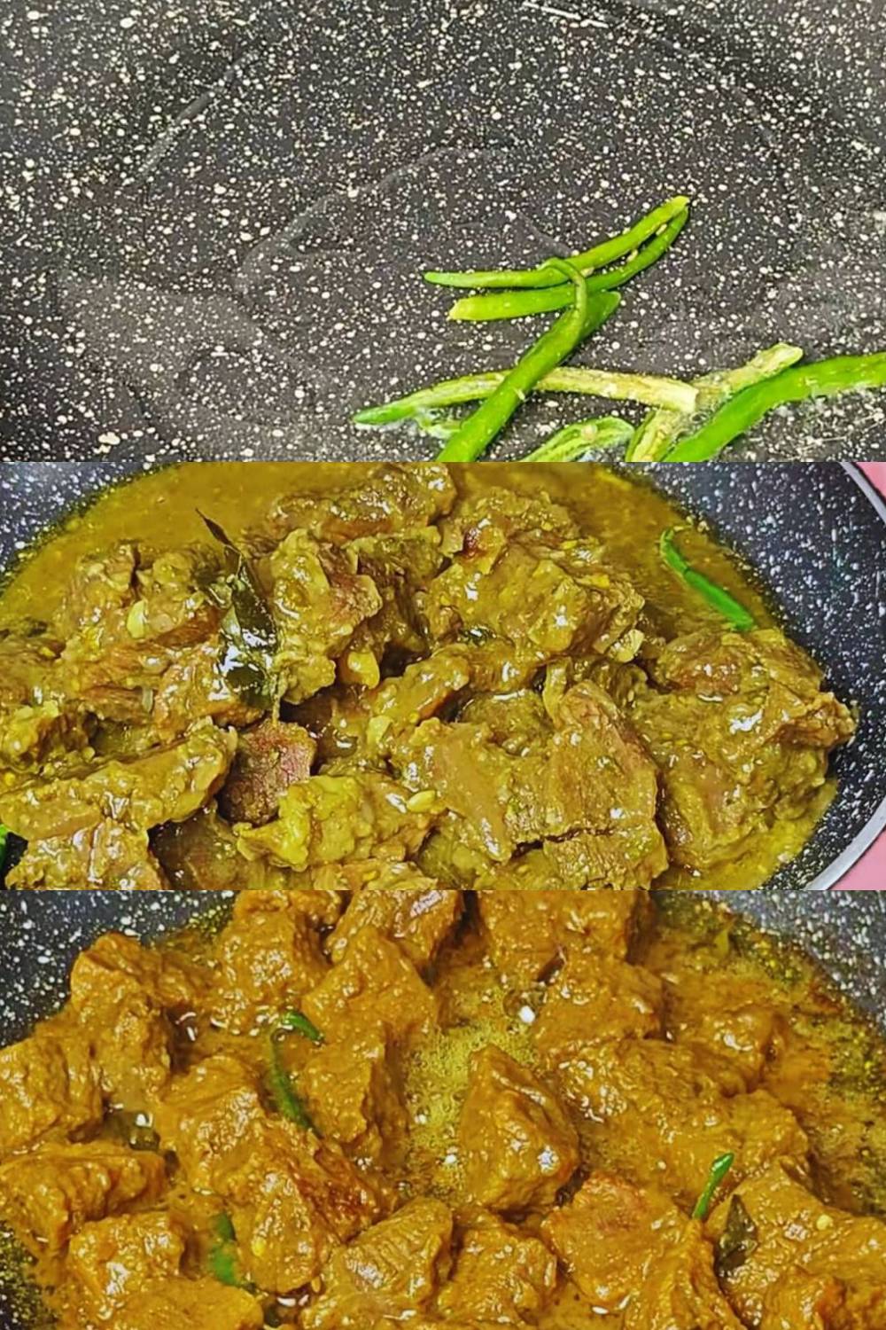 Frying green chilies and adding mutton