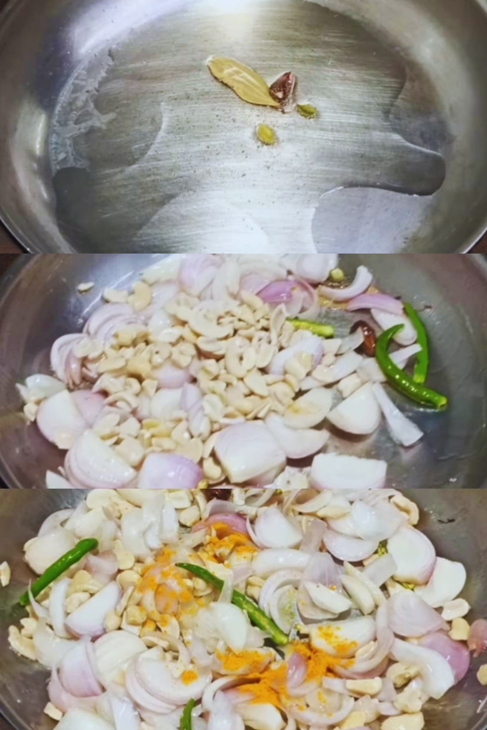 Frying spices, cashews and onions 