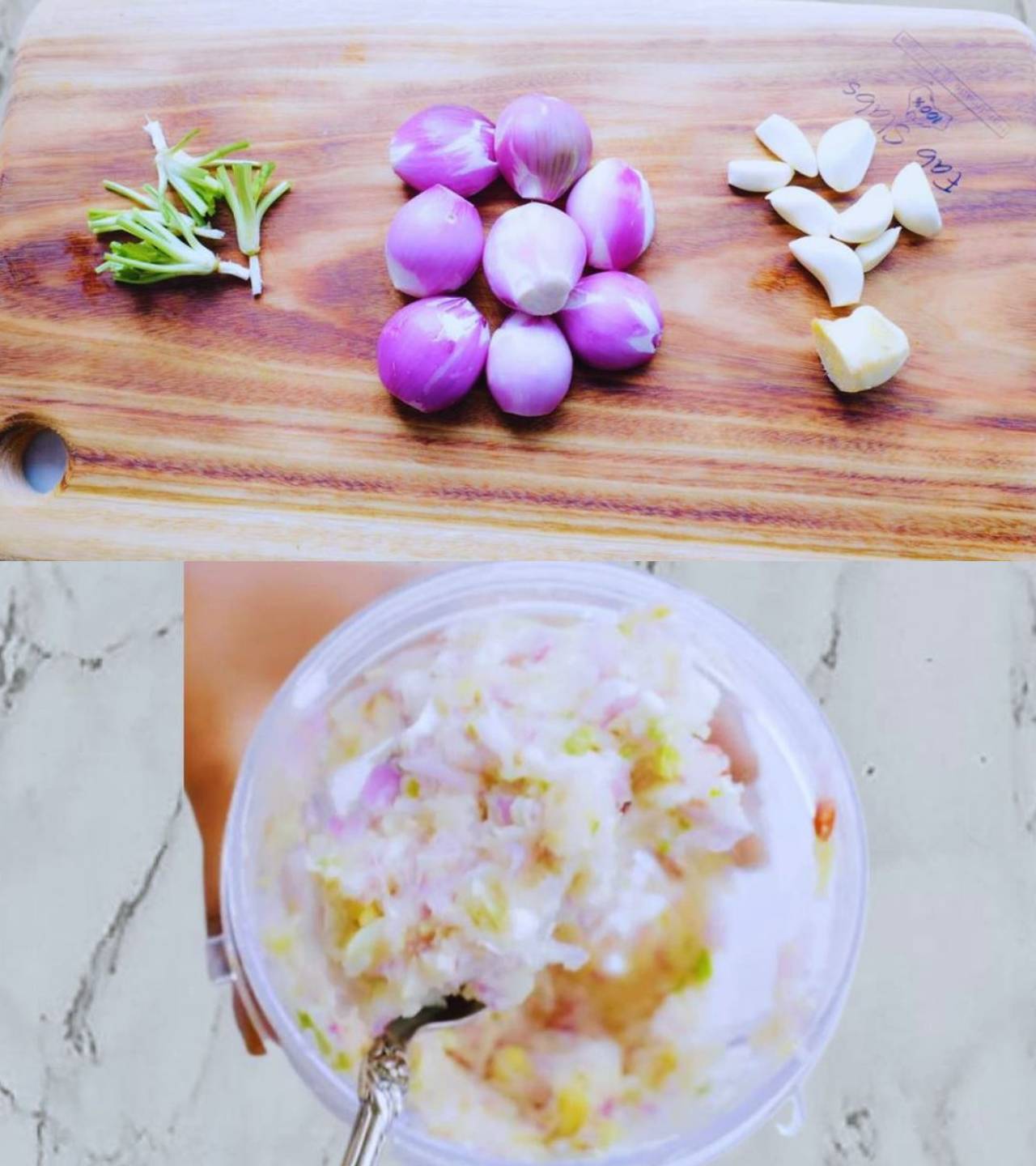 Grinding onions, garlic ginger and coriander stems 