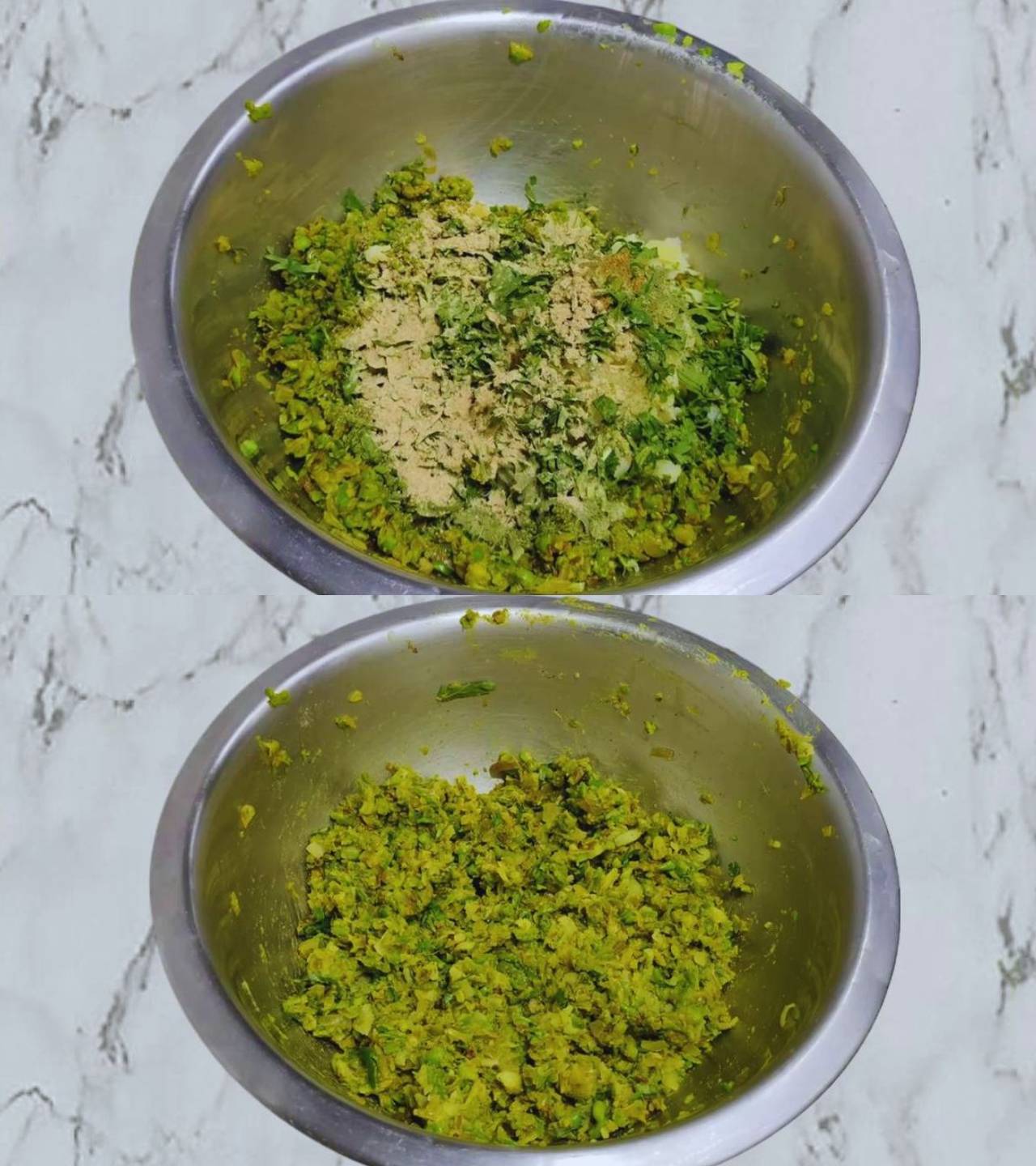 Matar paratha recipe step 7 Mixing spices and potatoes with green peas