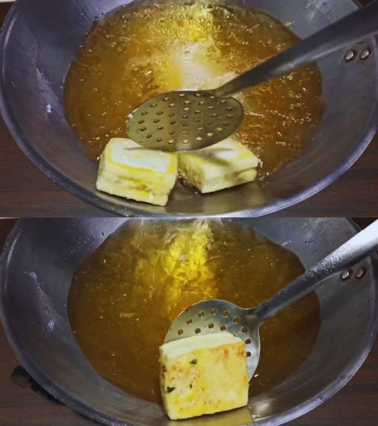 Removing fried paneer slices 