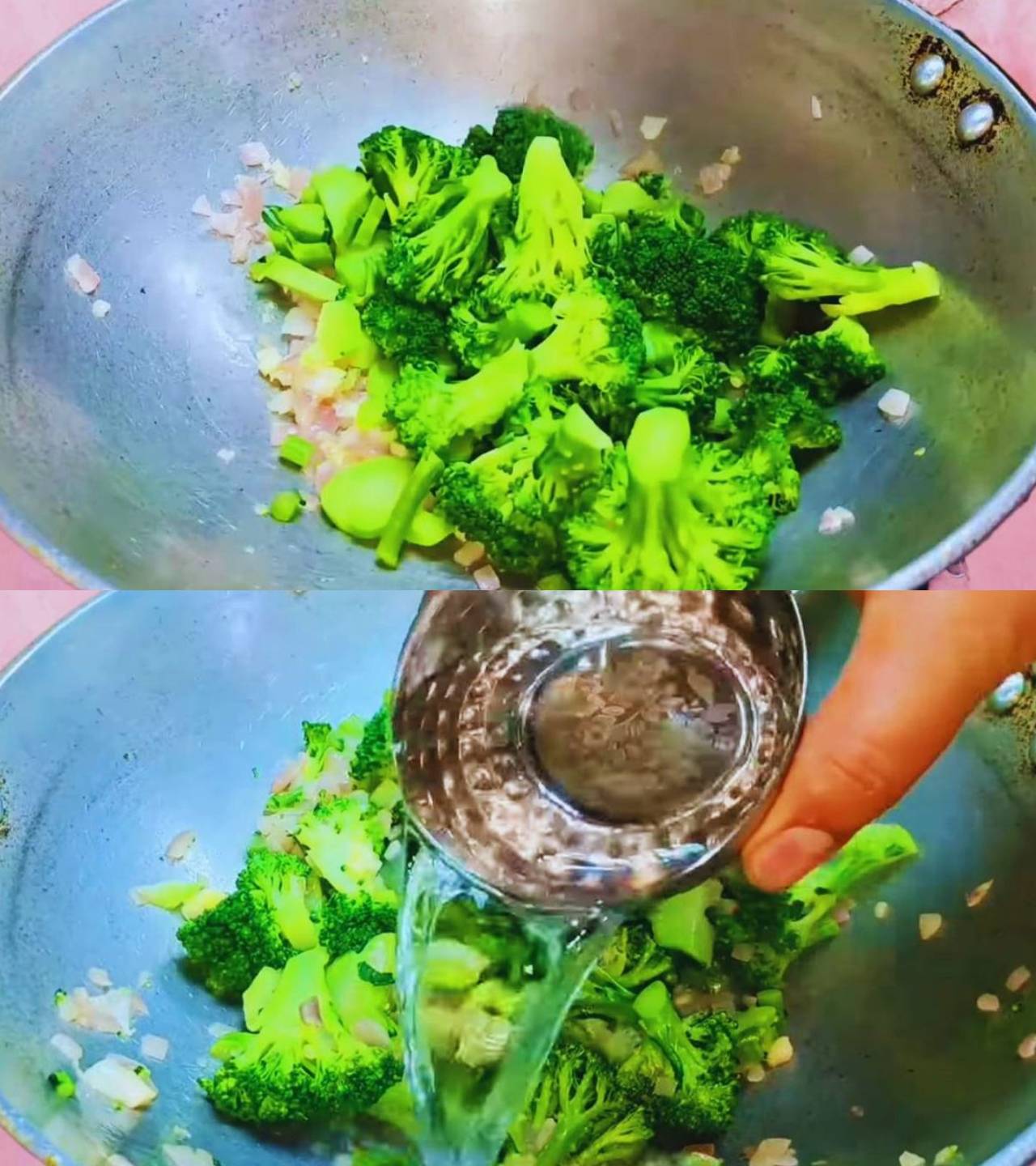 Adding boiled broccoli and water