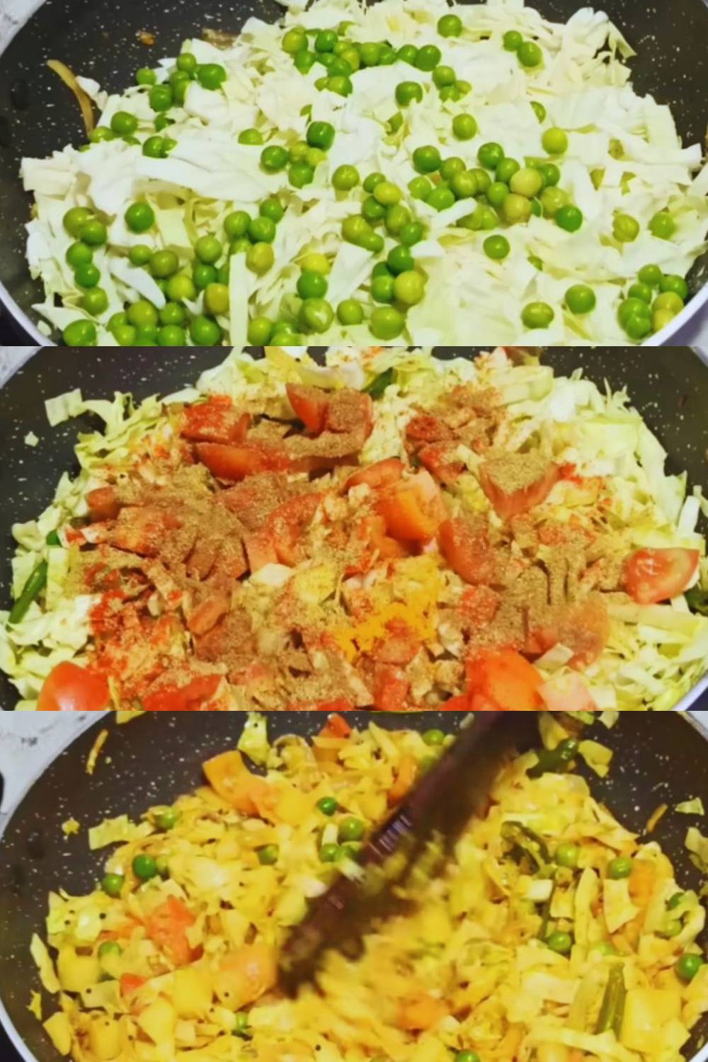 Adding cabbage, peas, tomatoes and spices 