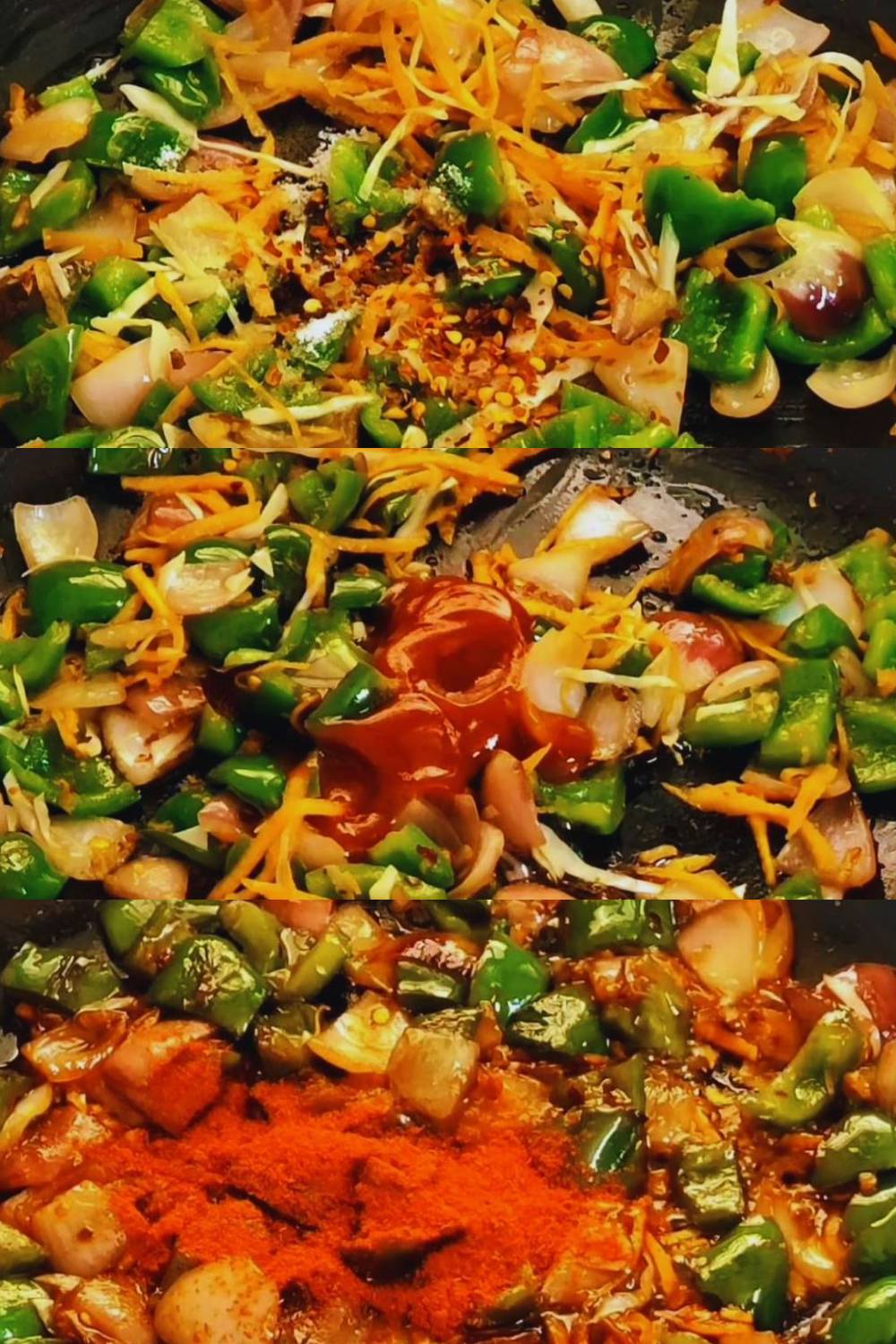 Adding chili flakes, salt, sauce and chili powder