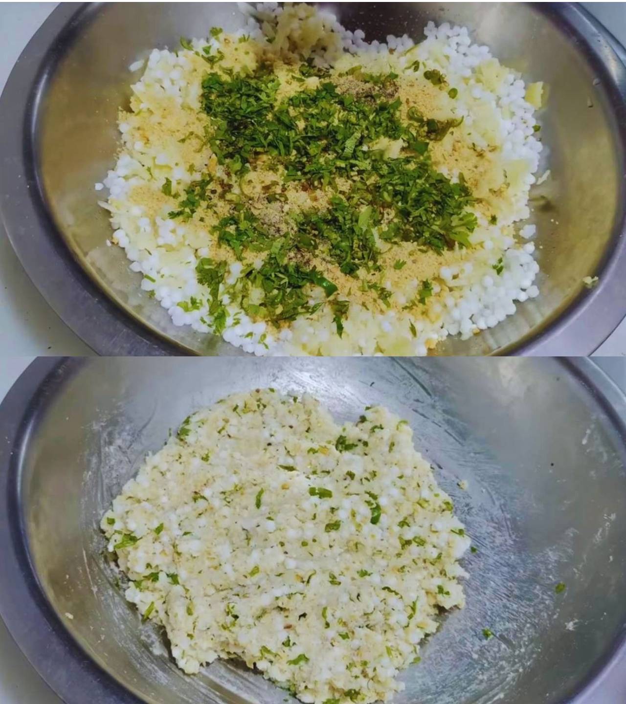 Adding coriander leaves, ground peanuts and chilies