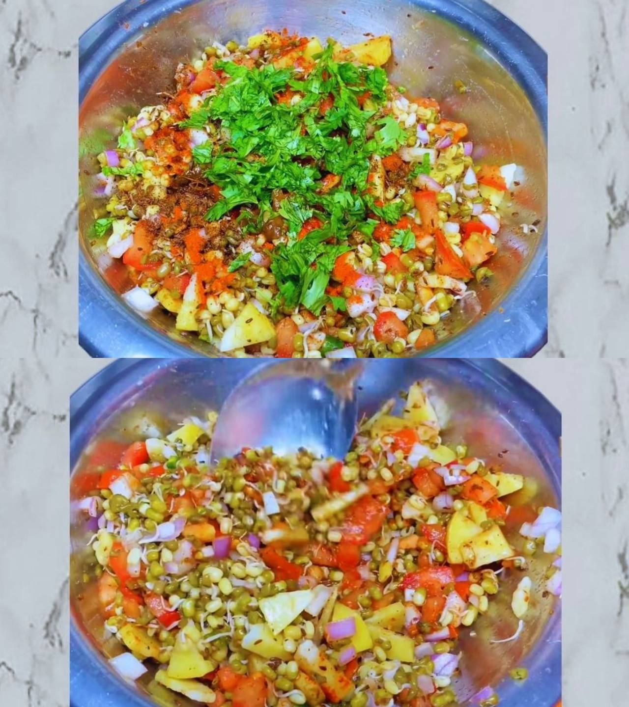 Sprouts salad recipe step 8 Adding coriander leaves