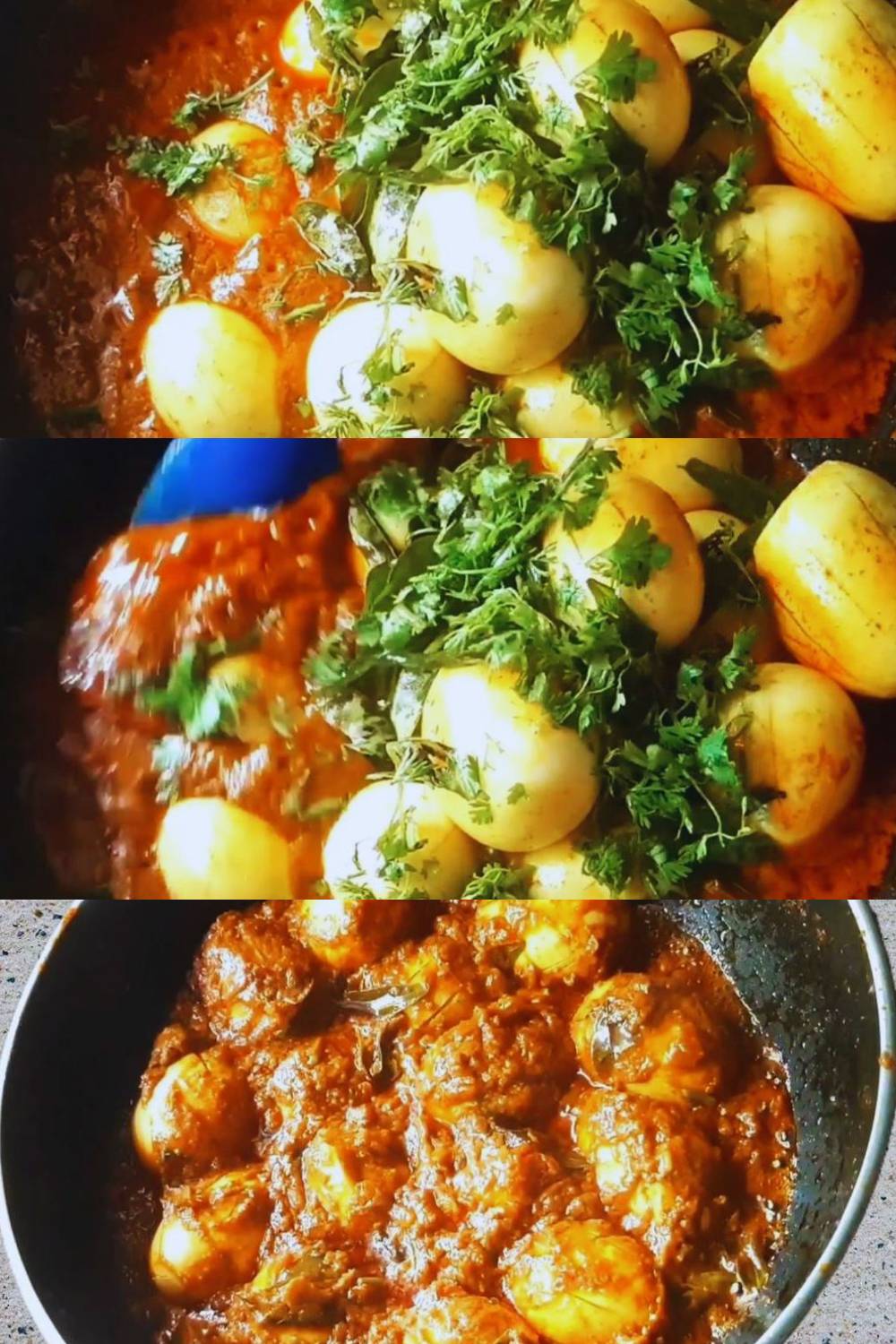 Adding eggs, coriander and curry leaves 