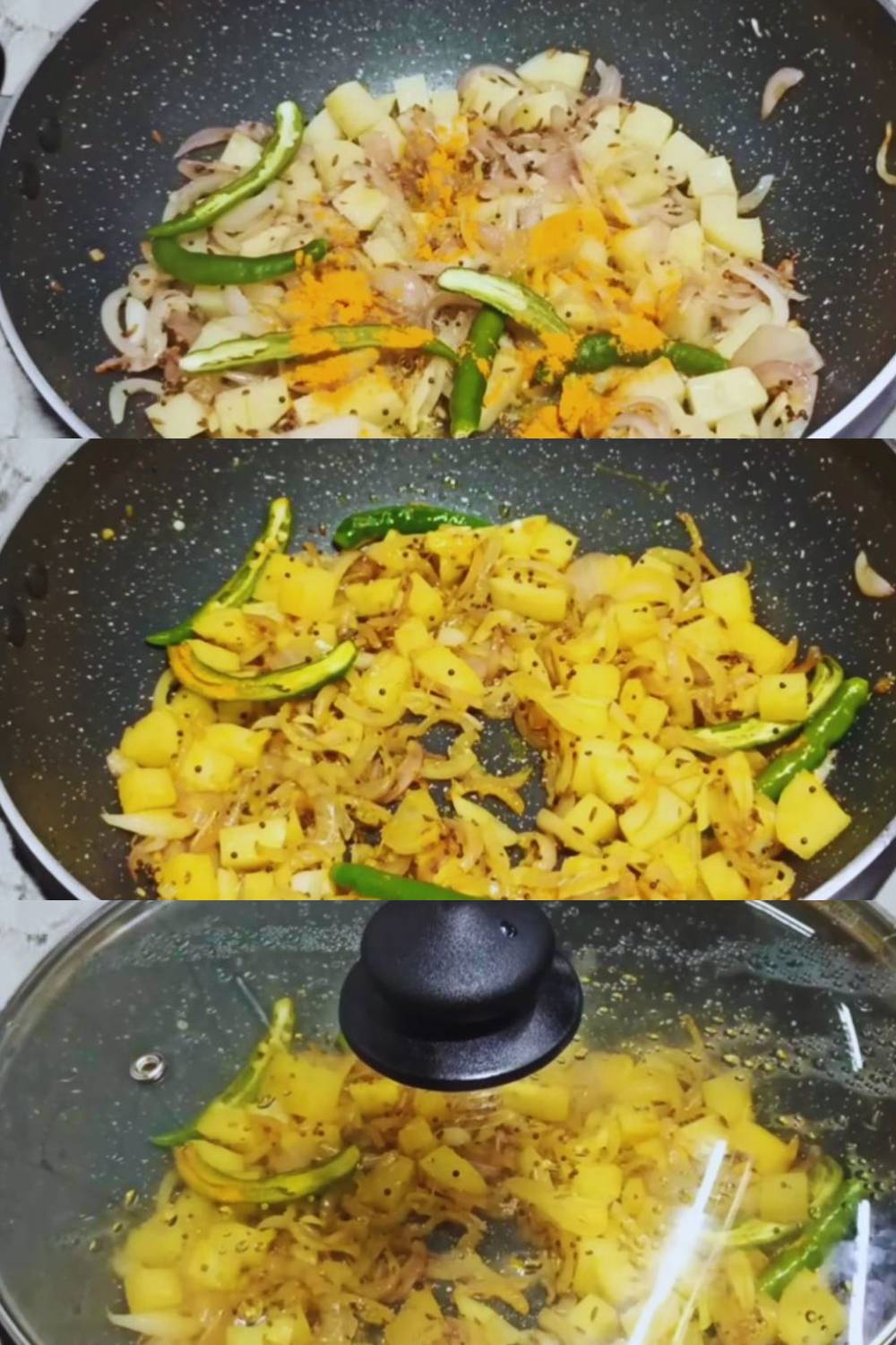 Adding green chilies and turmeric 