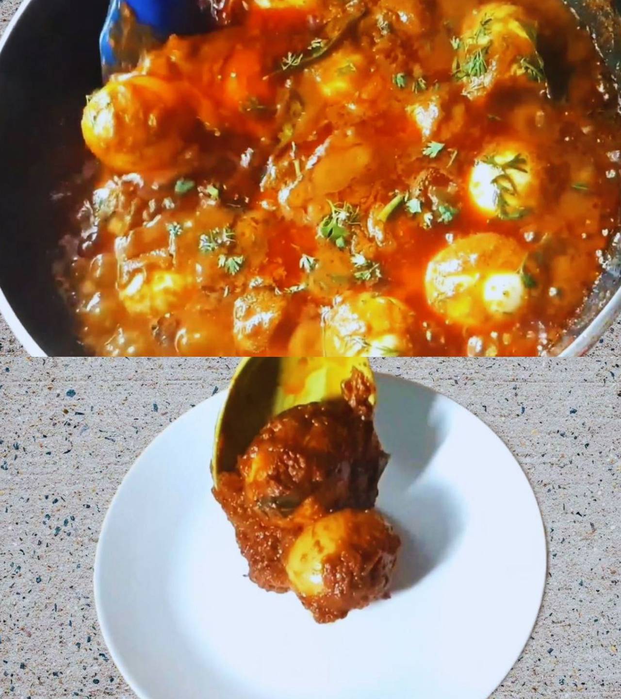 Adding more coriander and transferring Egg Ghee Roast 