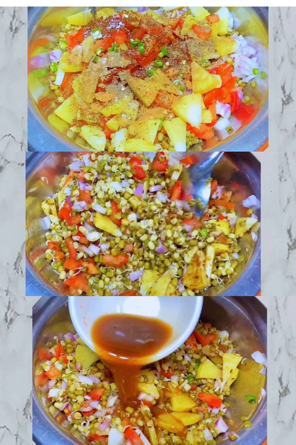 Sprouts salad recipe step 7 Adding potatoes, tomatoes, spices and tamarind water