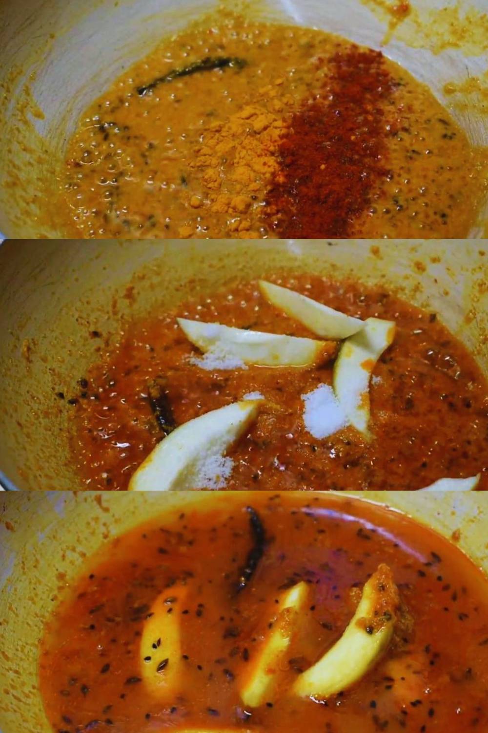 Adding powdered spices and mango slices 