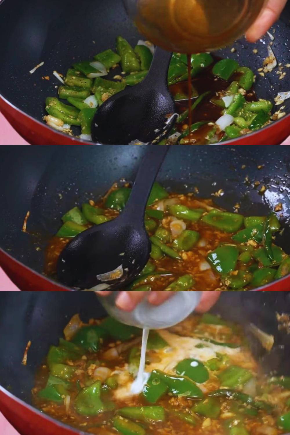 Adding sauce mixture, water and slurry