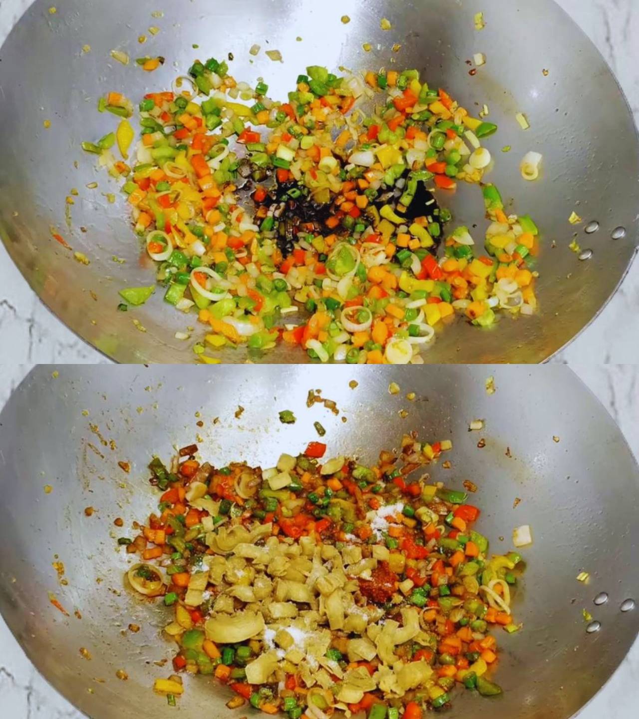 Adding sauce, salt and fried soya chaap