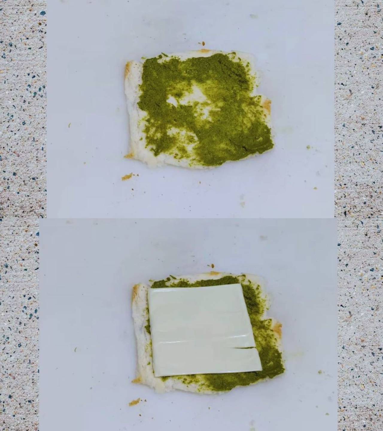 Applying sauce and putting cheese slice on bread