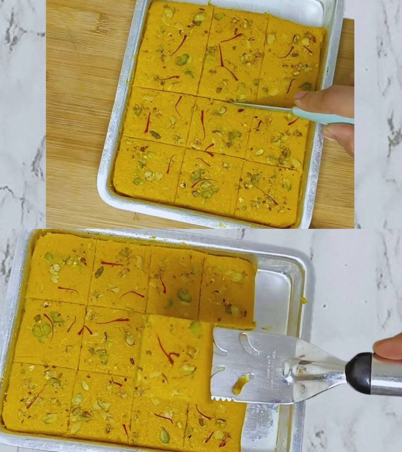 Cutting Mango Coconut Burfi 