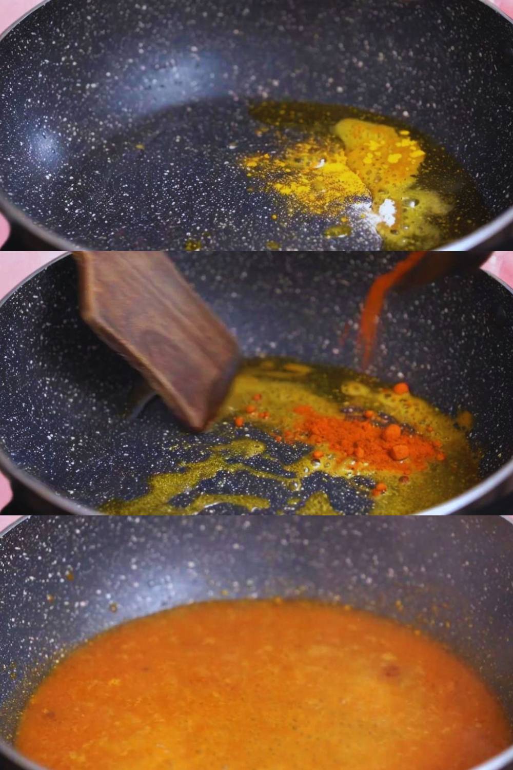 Frying and mixing hing, turmeric, red chili powder in water 