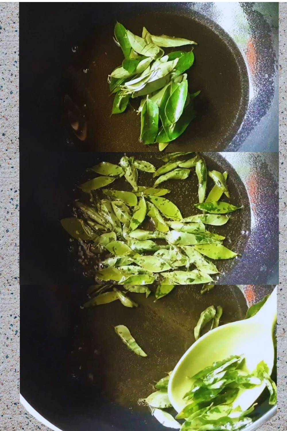 Frying curry leaves 