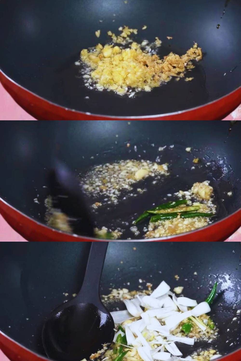 Frying ginger, garlic, chilies, and onions 