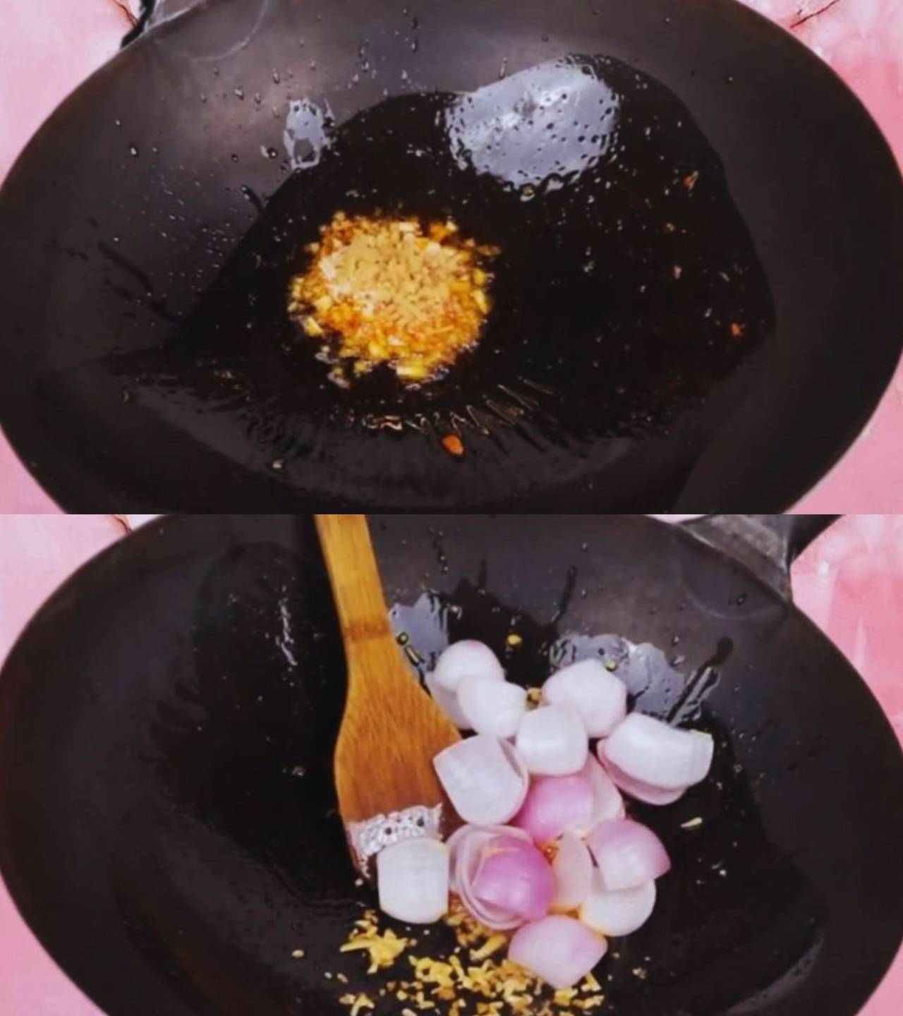 Frying ginger, garlic, onion
