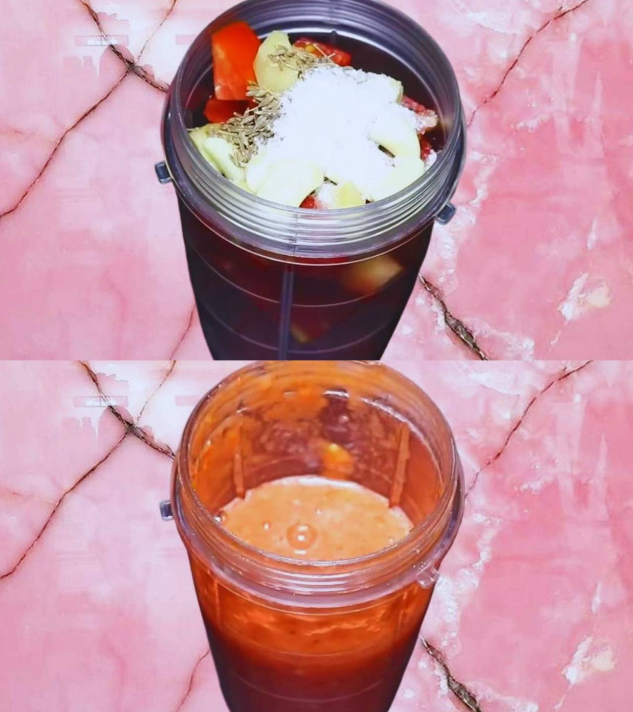 Grinding tomato and other ingredients 