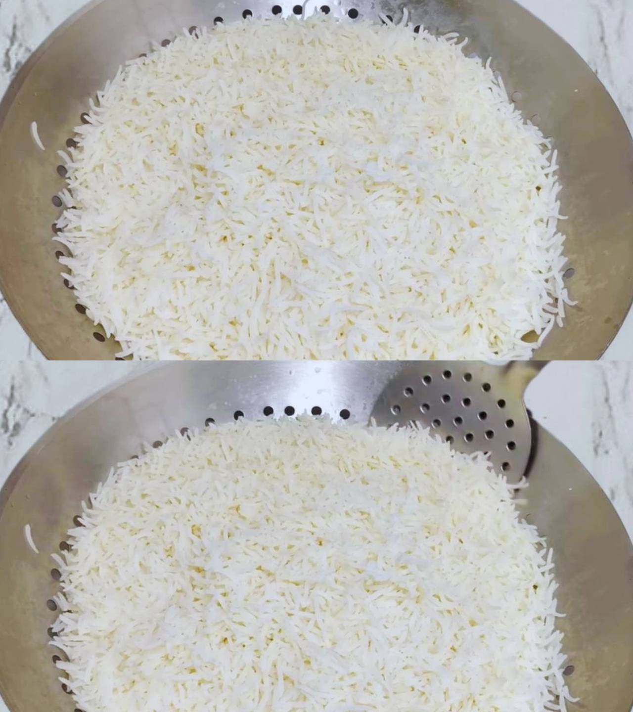 Straining and stirring boiled rice
