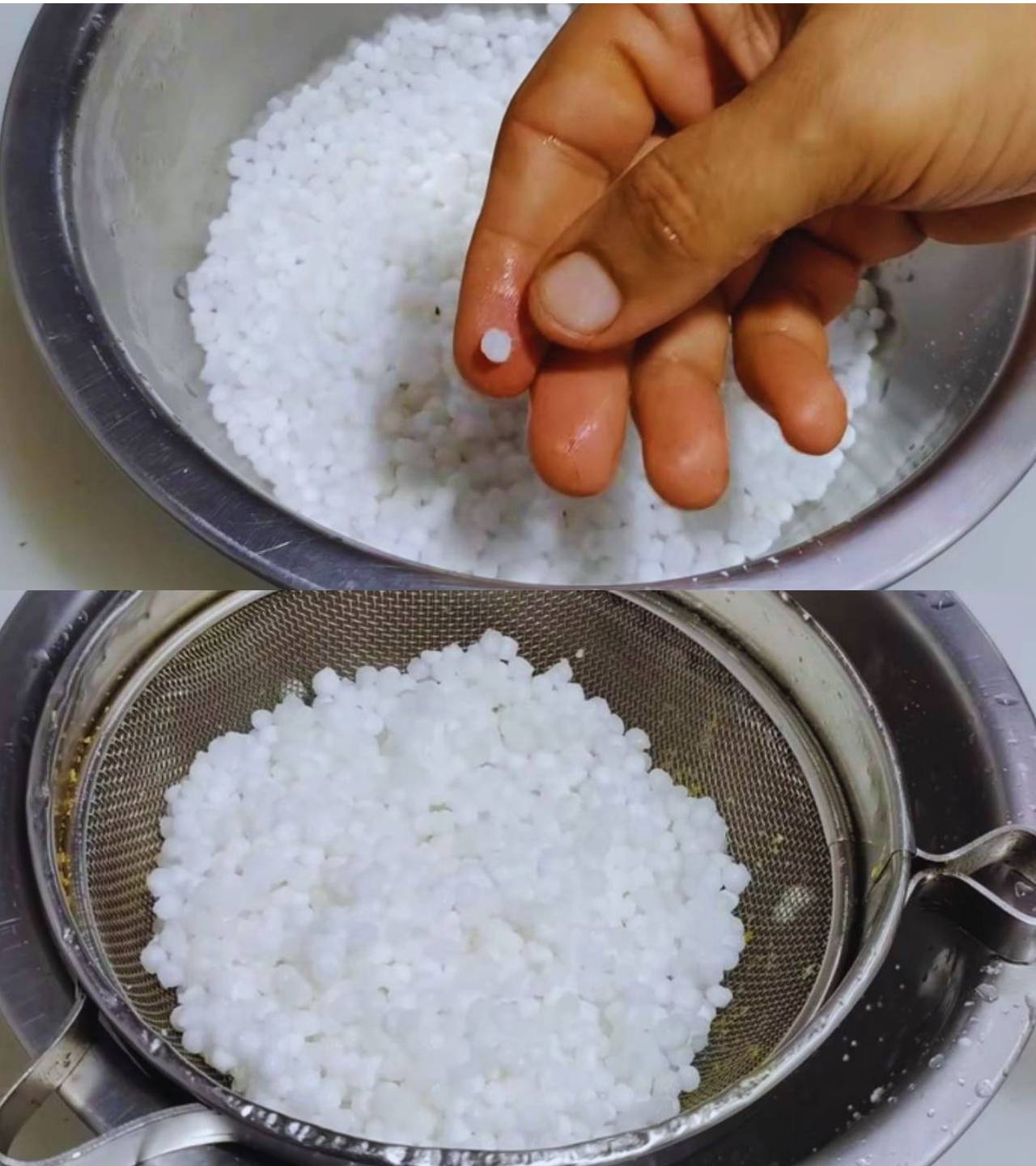 Straining soaked sabudana 