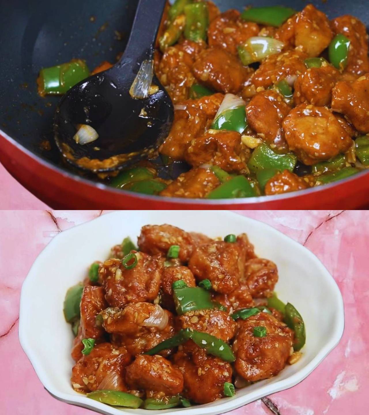 Transferring Chili Fish to serving bowl 