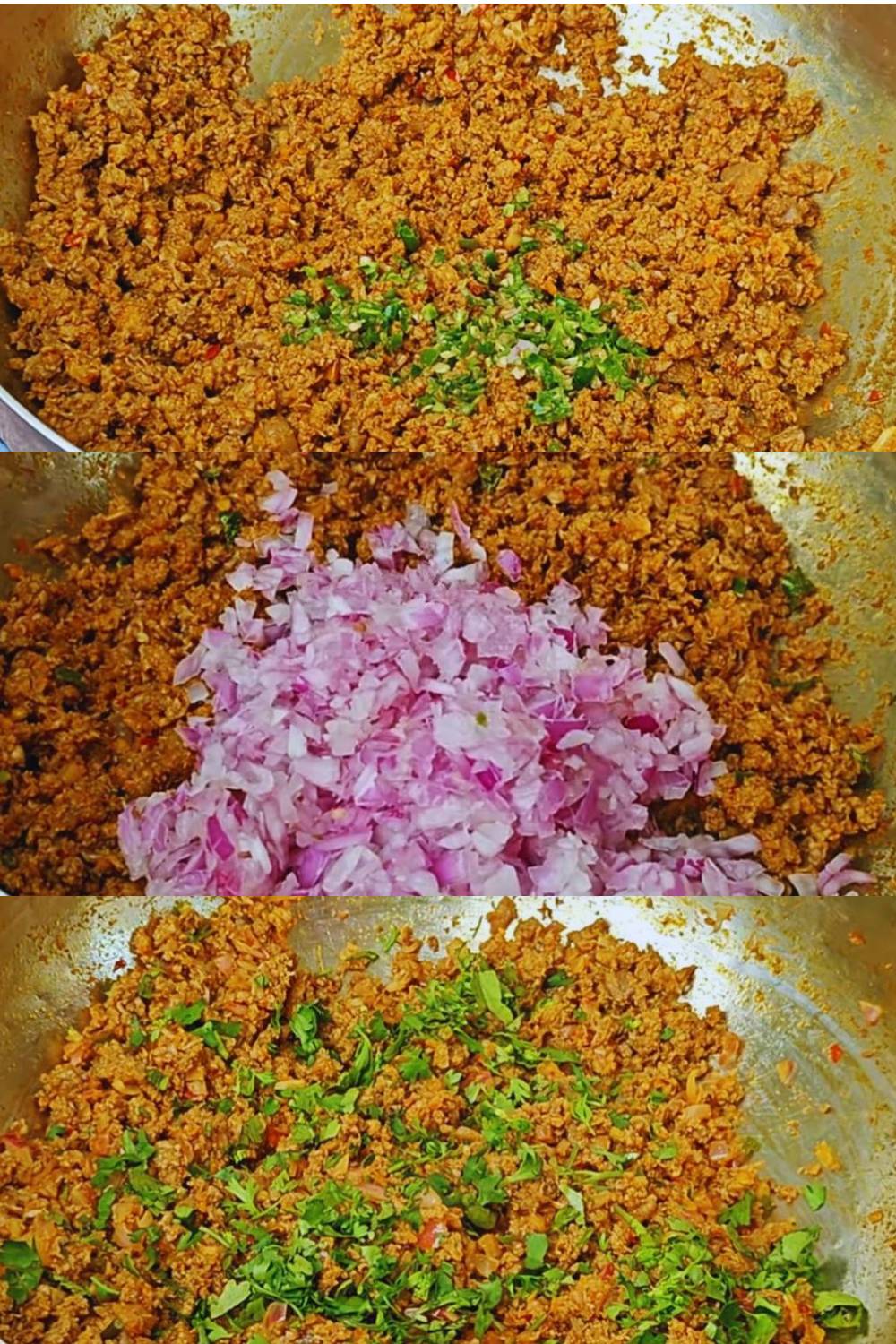 Adding chilies, onions, coriander leaves 