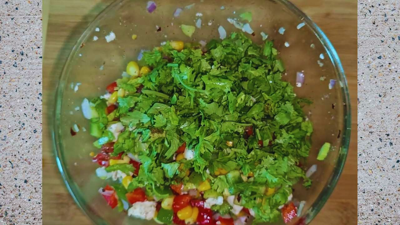 Corn paneer salad recipe step 4 Adding coriander leaves