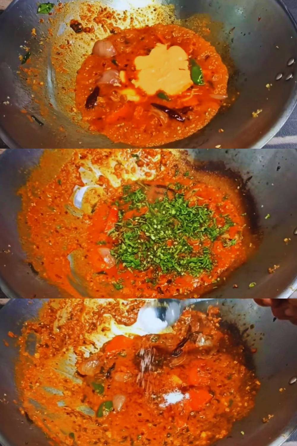 Adding dahi mix, green chilies, coriander, garam masala, sugar and salt 