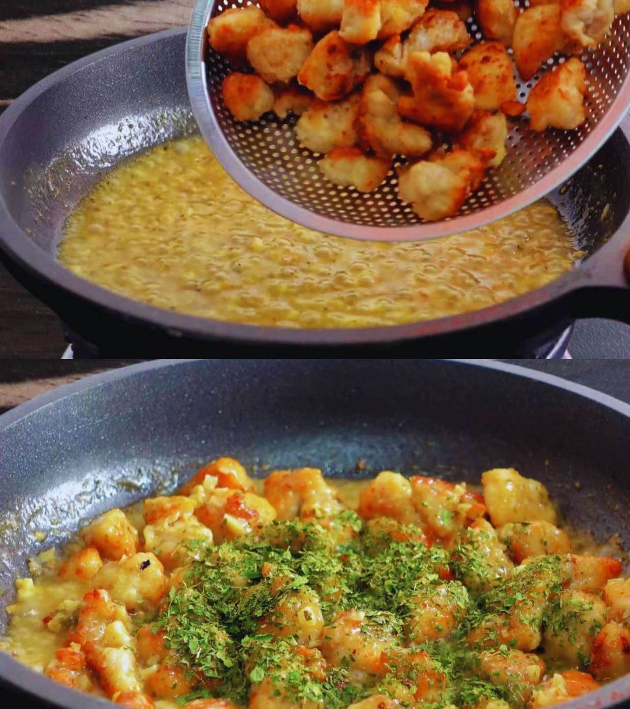 Adding fried chicken and coriander leaves 