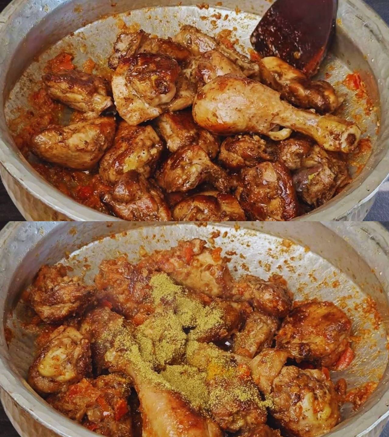 Adding fried chicken and powdered spices 