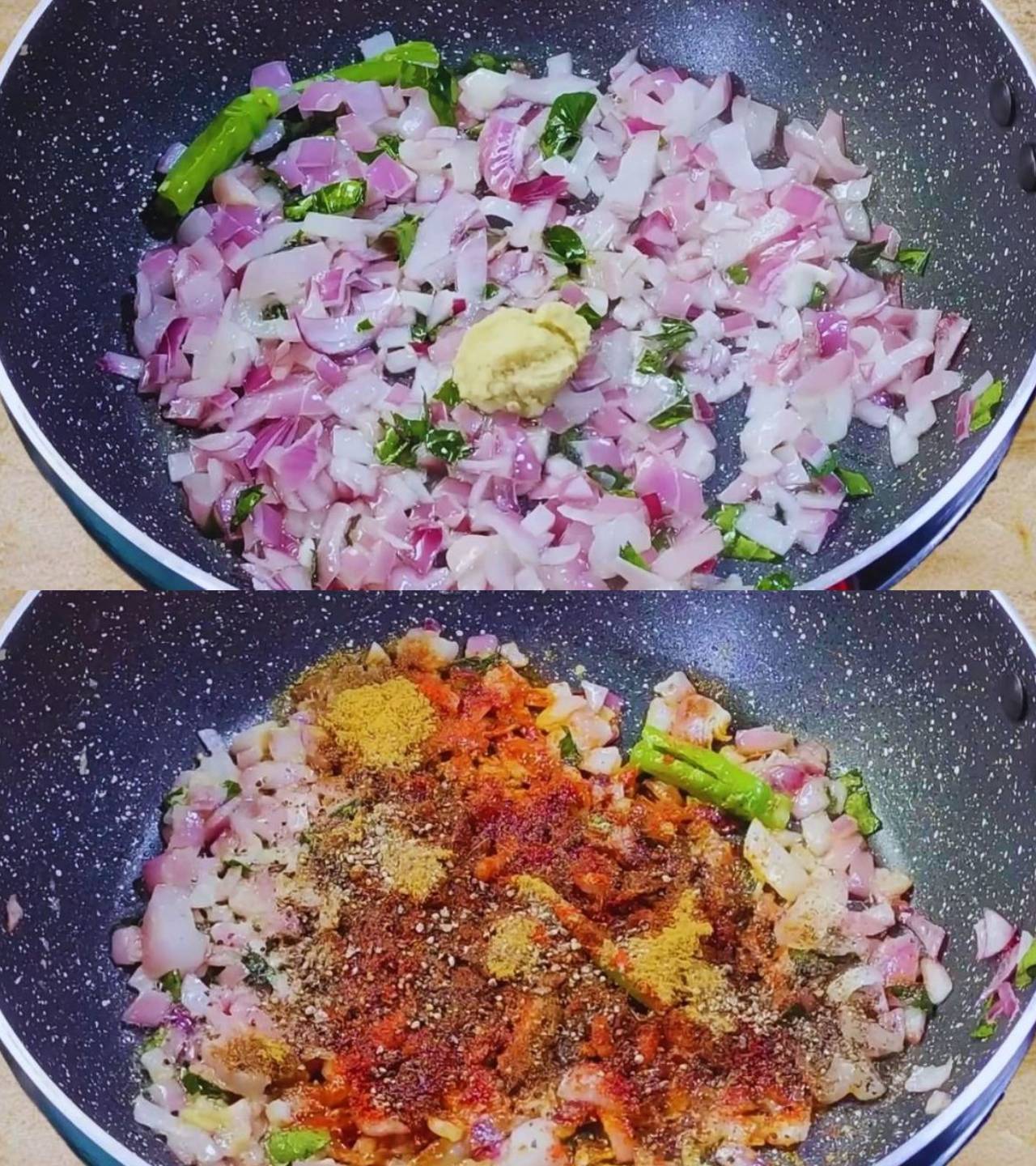 Adding ginger garlic paste and powdered spices