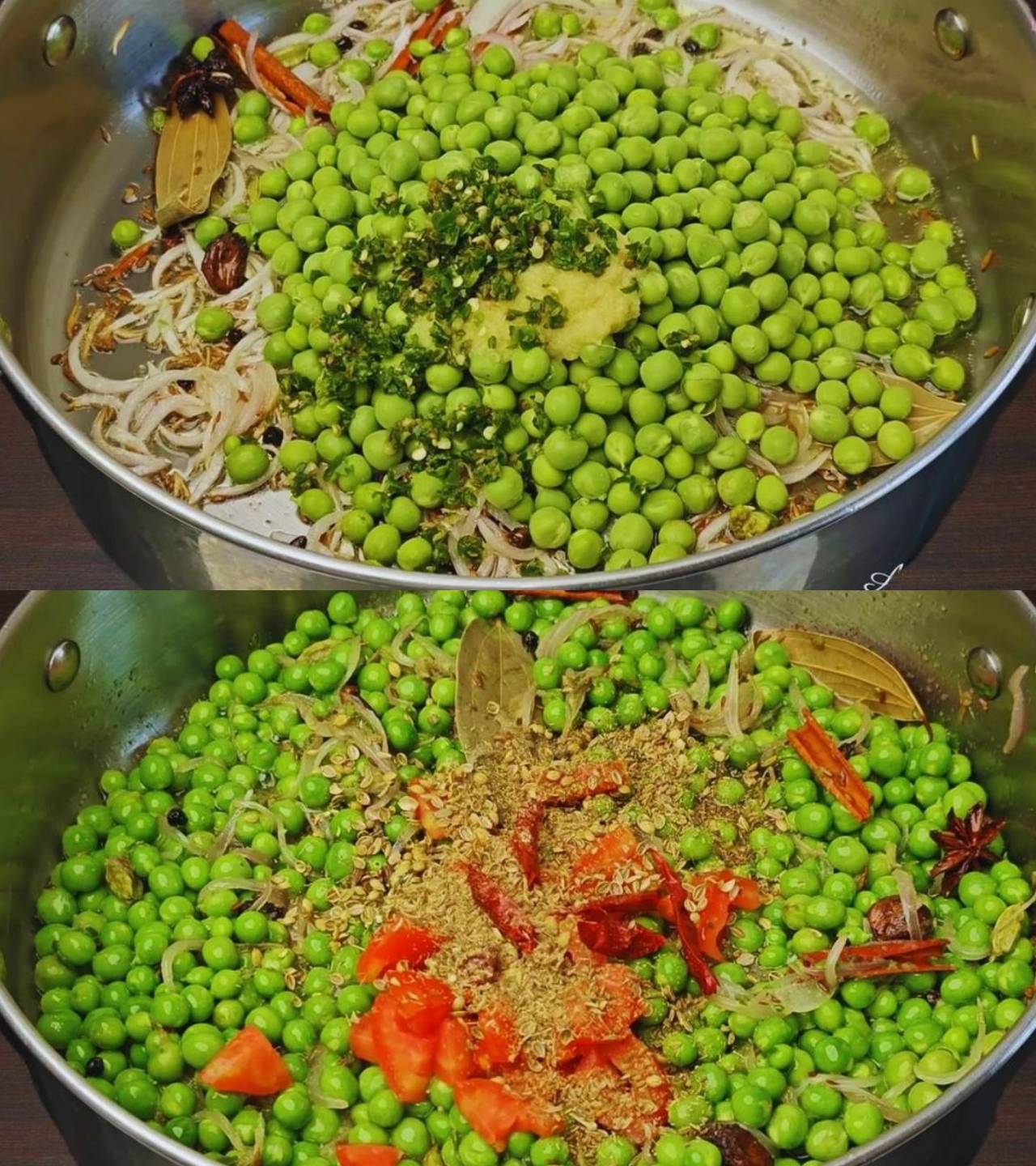 Adding green peas, chilies, tomatoes and other spices 