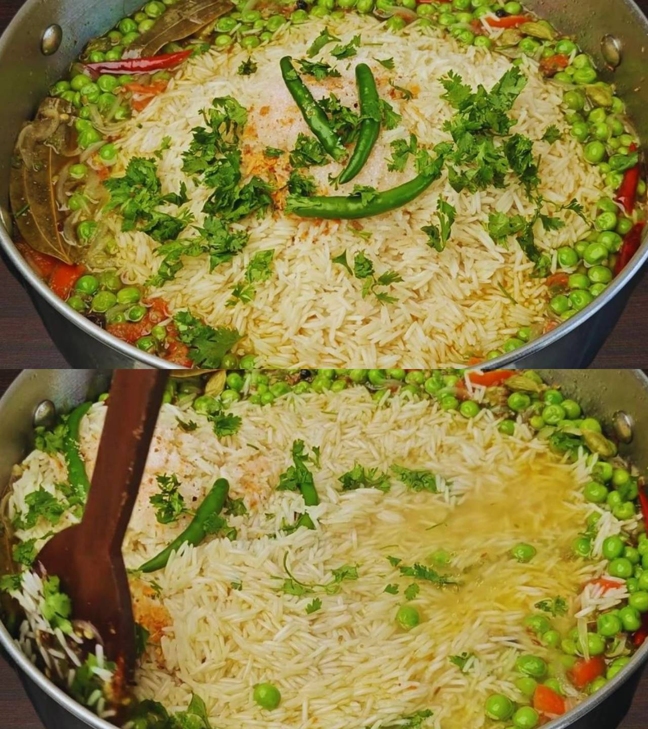 Adding rice, chilies and other ingredients 