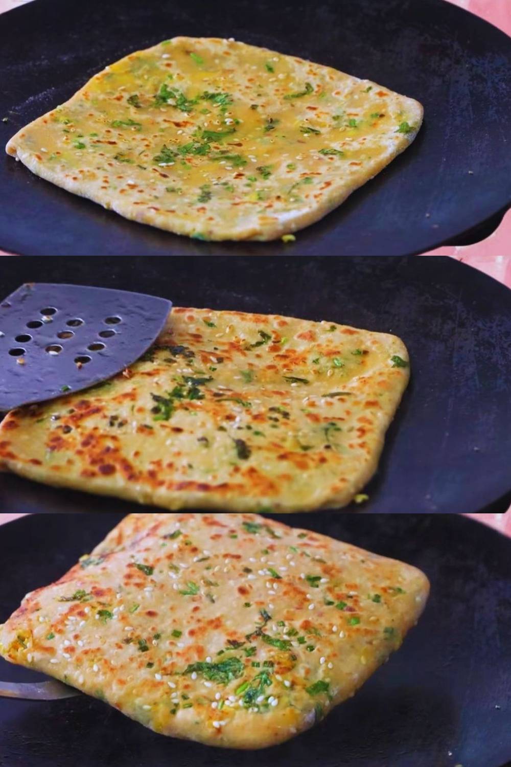Applying ghee and removing Cheese Corn Paratha 