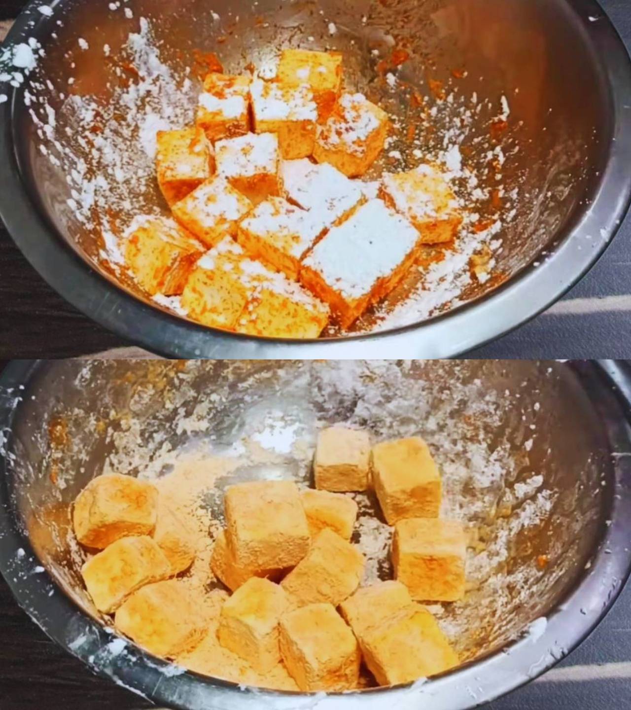 Coating paneer cubes with corn flour