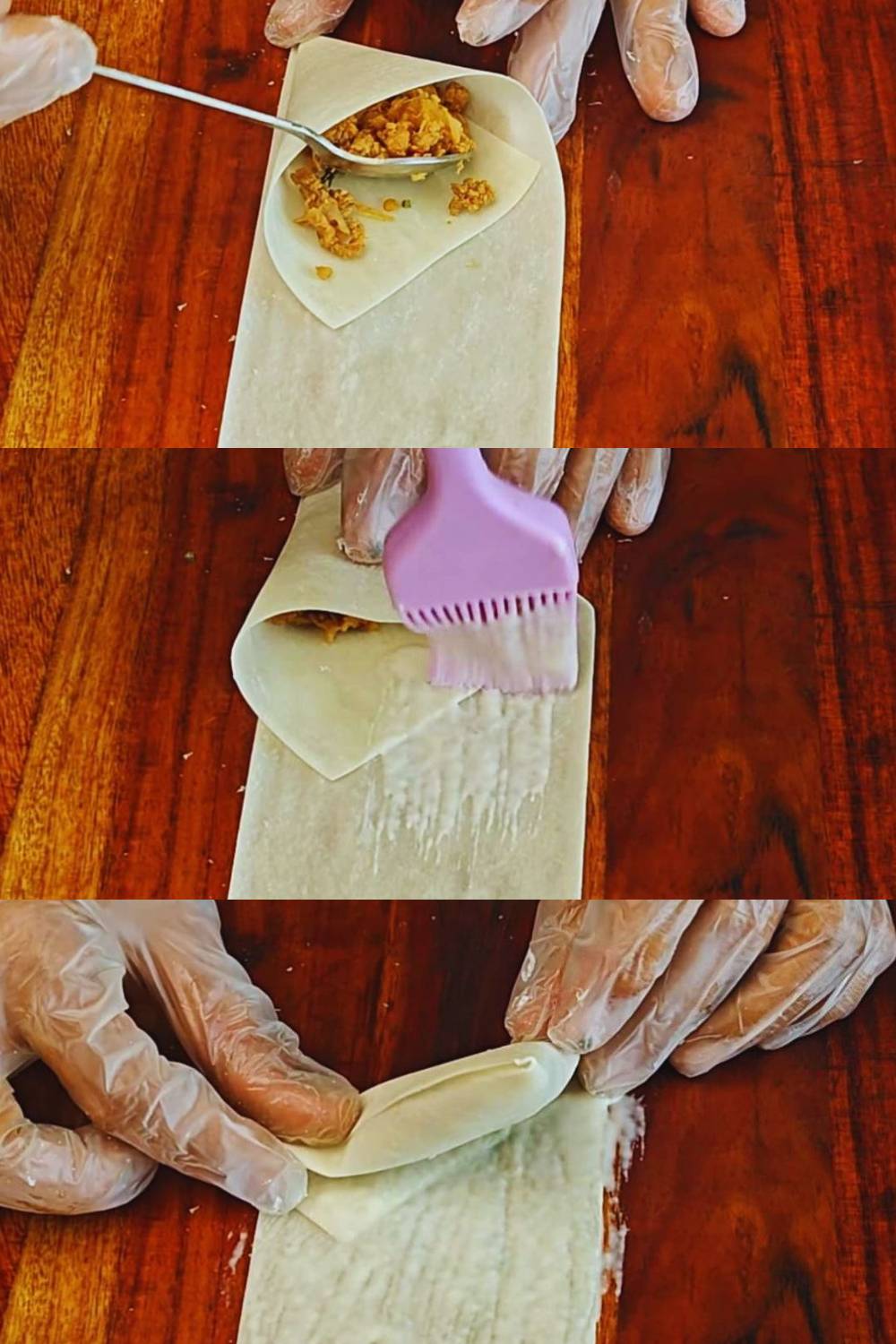 Filling the cone with mutton keema stuffing 