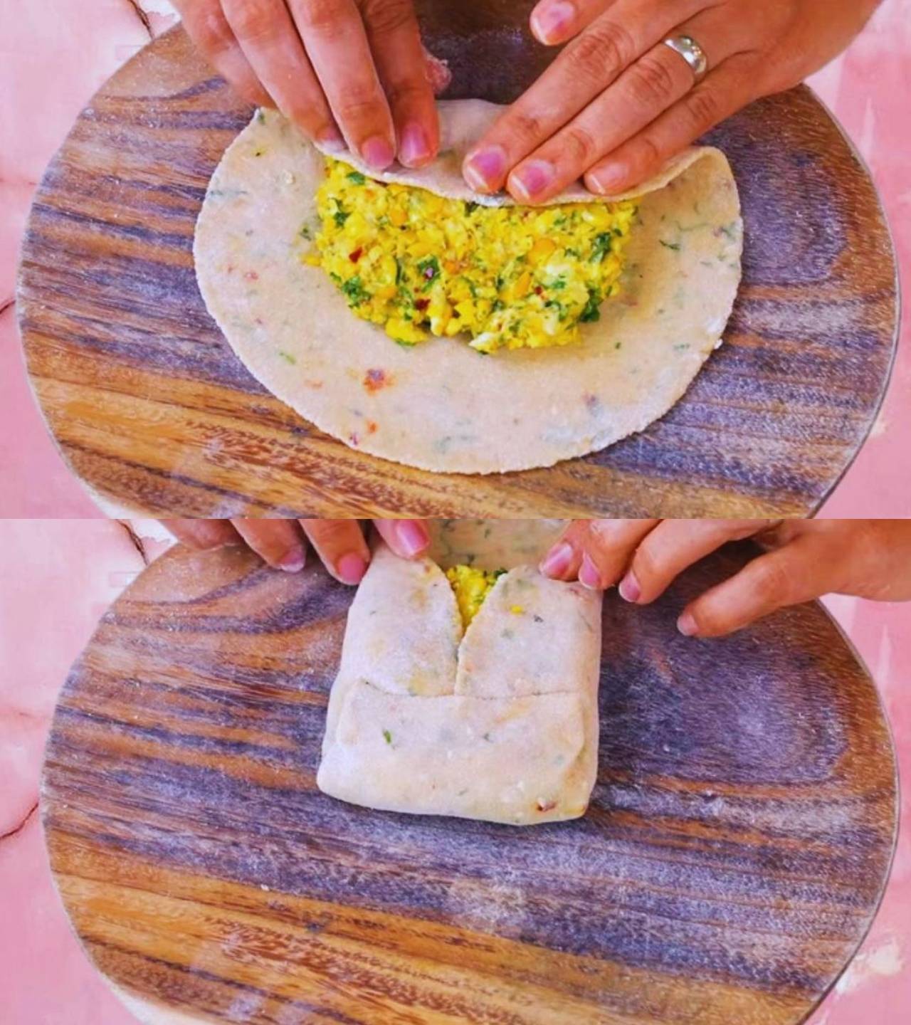 Folding the stuffed paratha 
