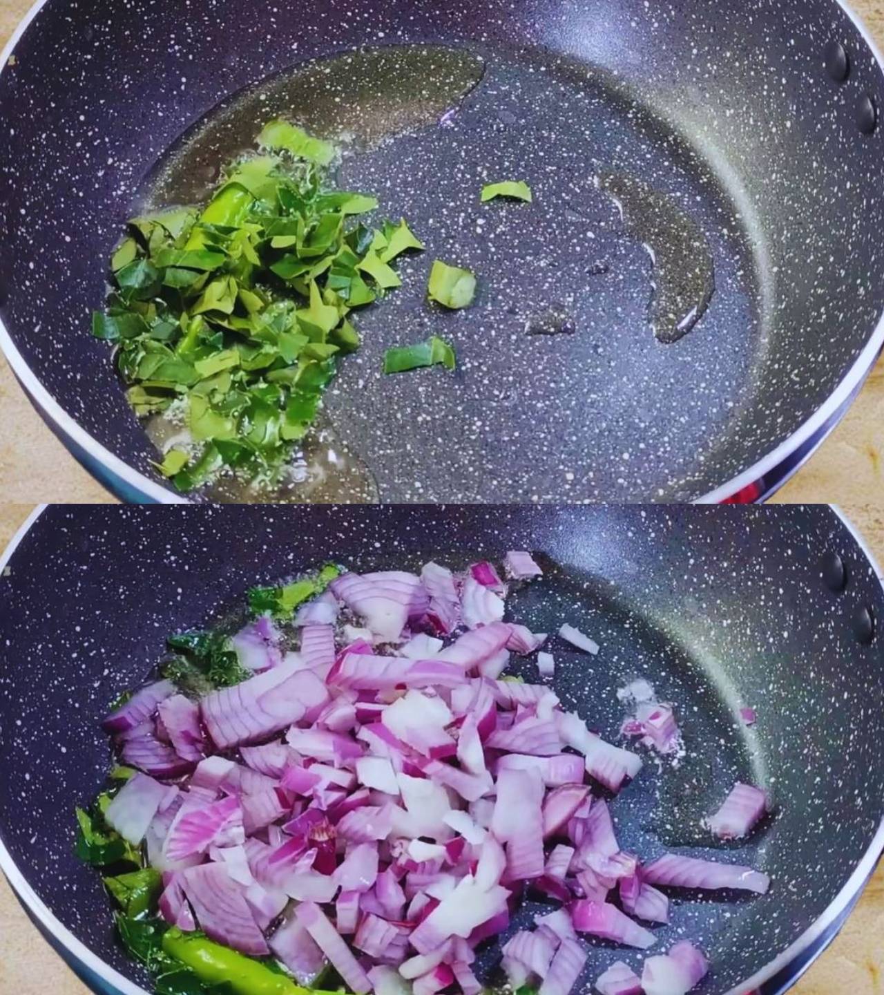 Frying chilies, curry leaves and onions