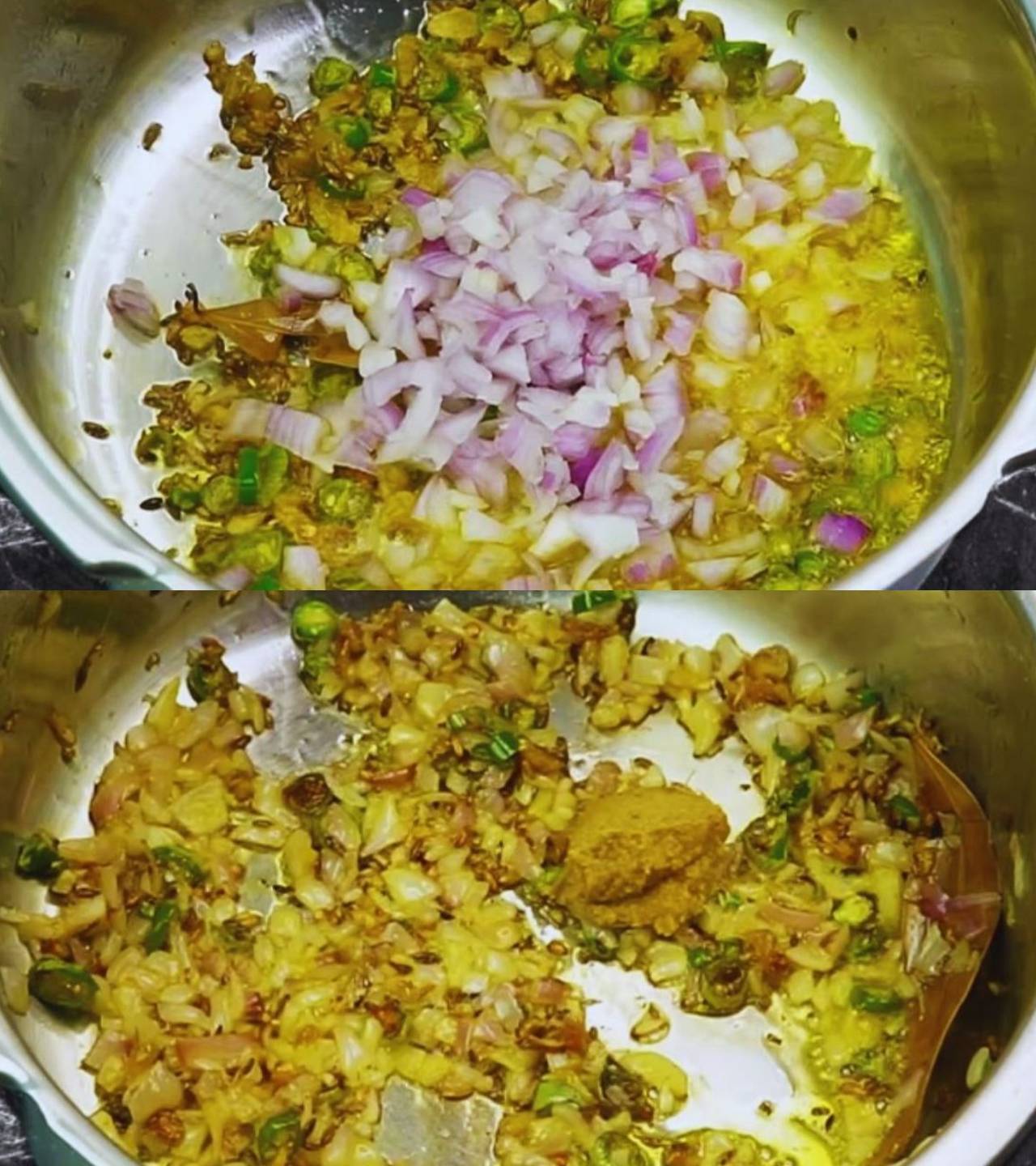 Turai chana dal recipe step 3 Frying onions and garlic paste