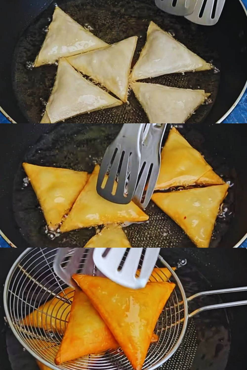 Frying the samosas