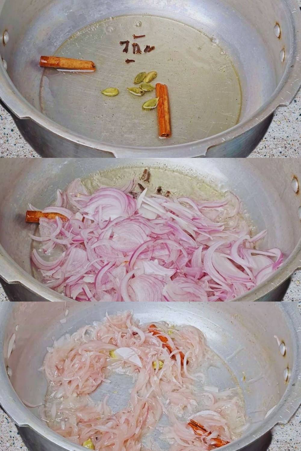 Frying whole spices and onions 