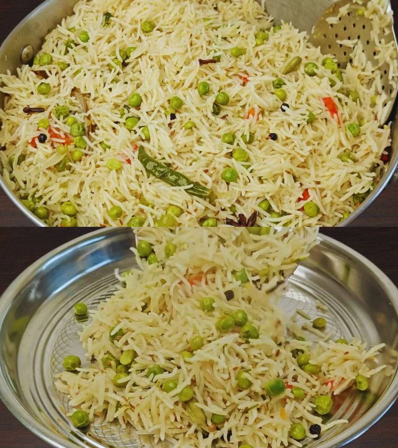 Mixing and transferring Peas Pulao 