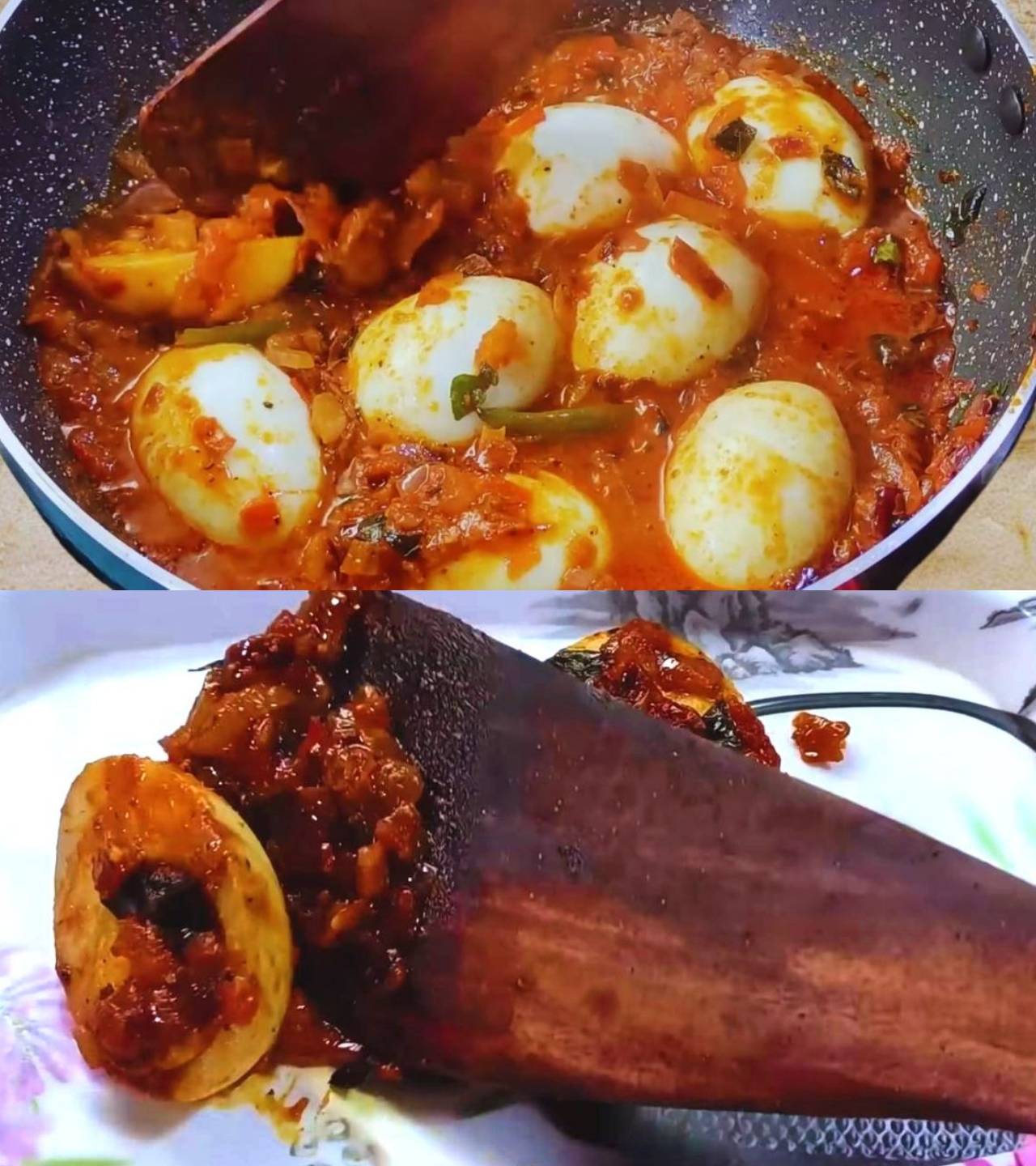 Mixing masala with eggs