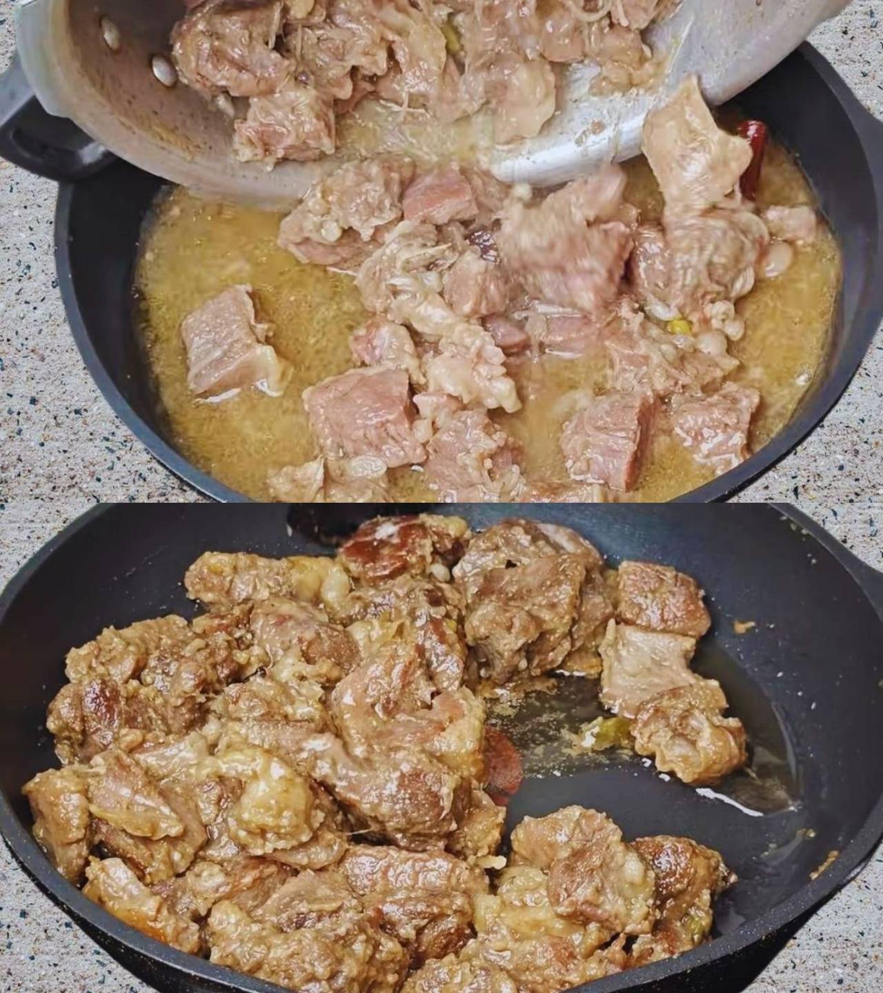 Transferring cooked mutton to a pan 