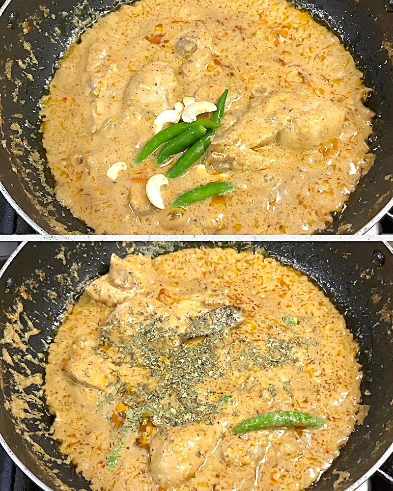 Adding chilies, cashew nuts and Kasuri methi 